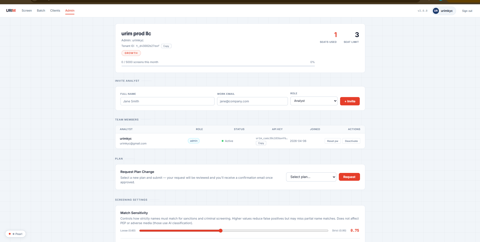 Admin panel showing team management