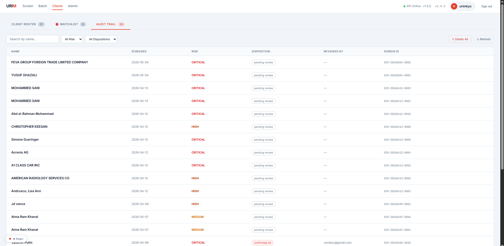 Audit trail showing all screened clients