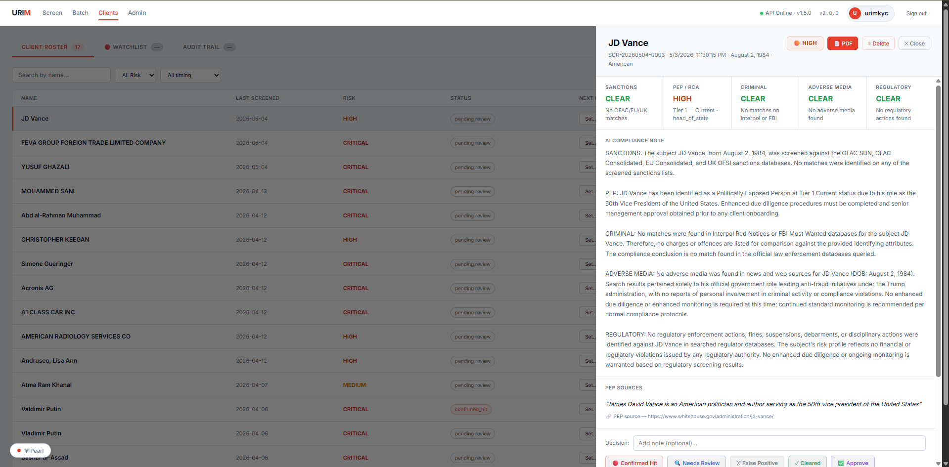 Client roster with PEP detail panel