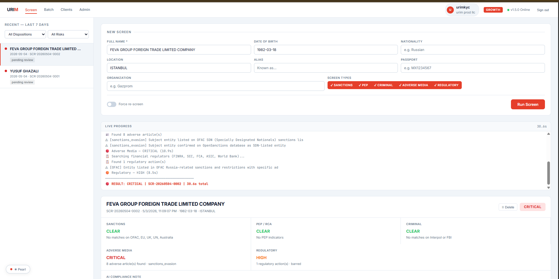 Live KYC screening with real-time progress